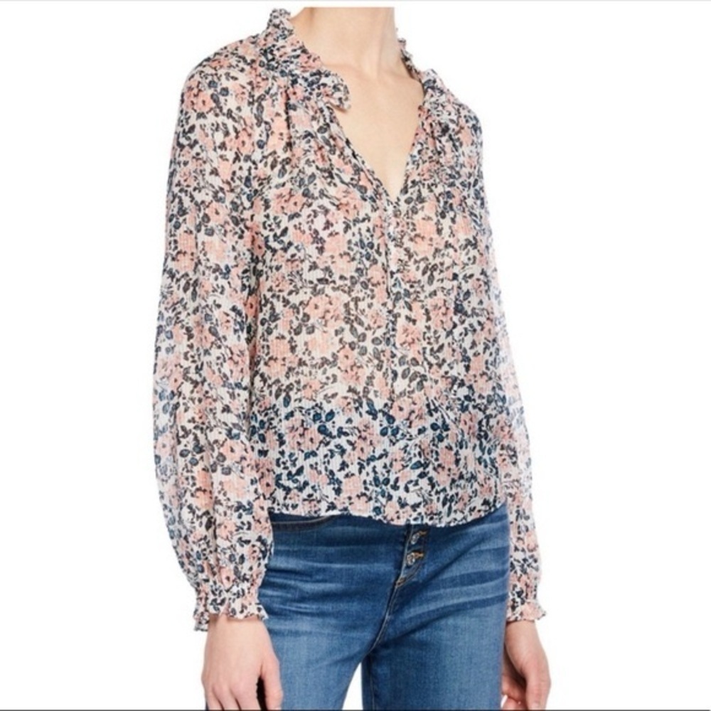 Veronica Beard Antonette White Floral Ruffled Silk Blouse Long Sleeve Sheer Sz 2 - Picture 3 of 16